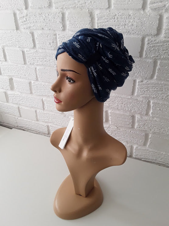 T'Wrap Headwrap -  White butterfly on Navy Blue -  Mixed fibres - ThandiWrap